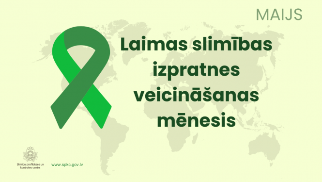 Pasaules kontūrkarte, virs kuras ir zaļa lentīte un uzraksts "Laimas slimības izpratnes veicināšanas mēnesis"