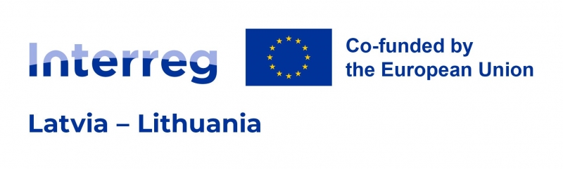 Interreg Latvija-Lietuva logo, ES karogs ar uzrakstu "Co-funded by the European Union"