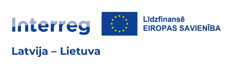 Interreg Latvija-Lietuva logo, ES karogs ar uzrakstu "Līdzfinansē Eiropas Savienība"