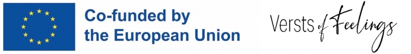 Projekta "Versts of Feelings" logo, ES karogs ar uzrakstu "Co-funded by the European Union"