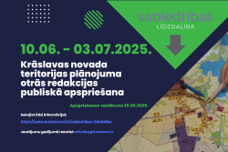 Cilvēki strādā ar karti. Krāslavas novada teritorijas plānojuma izstrādes publicitātes attēls.