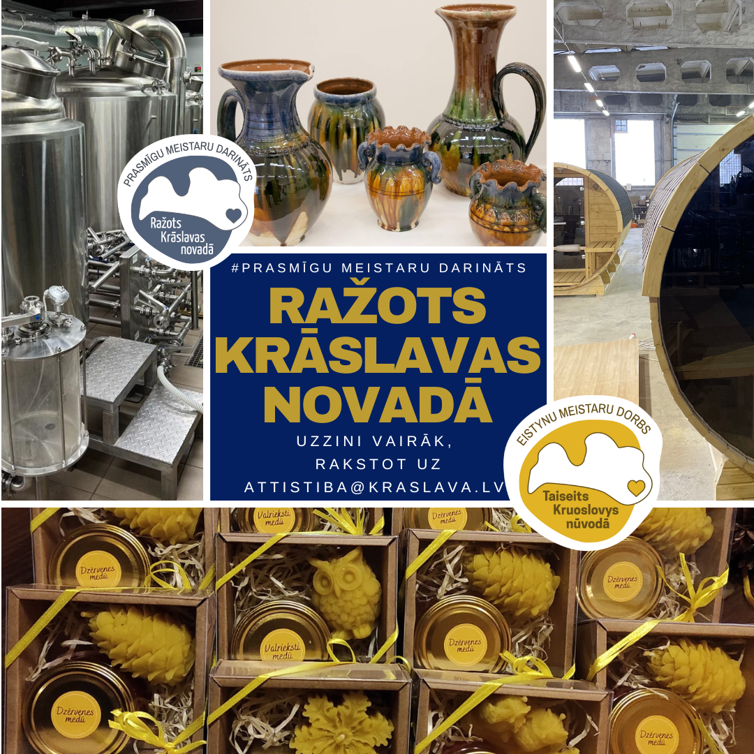 Preču zīmes "Ražots Krāslavas novadā" afiša, kurā redzami produkti, kas ražoti ar šo zīmi